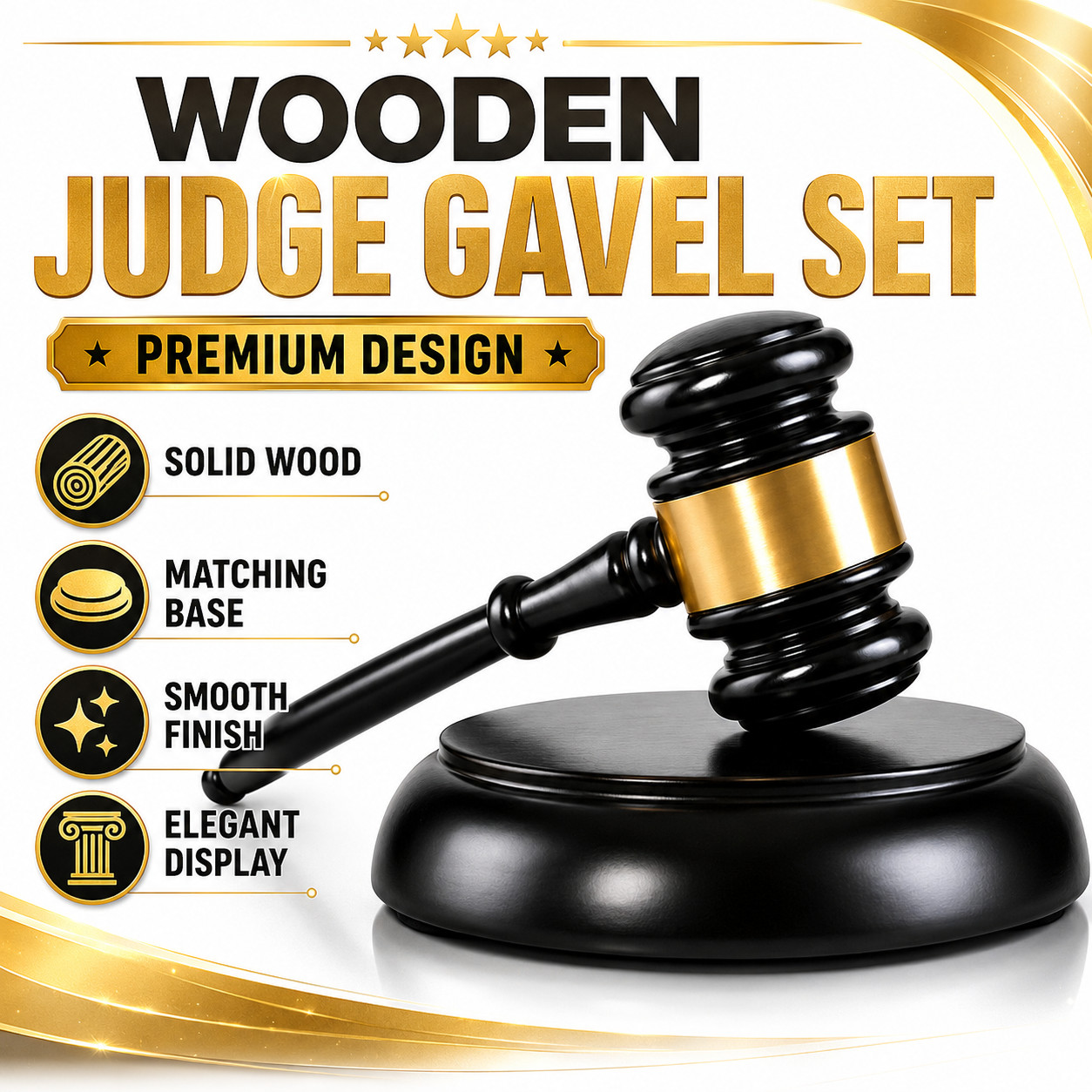 Wooden Judge Gavel Set Black Gold Band Round Base Office Auction Decor Gift New