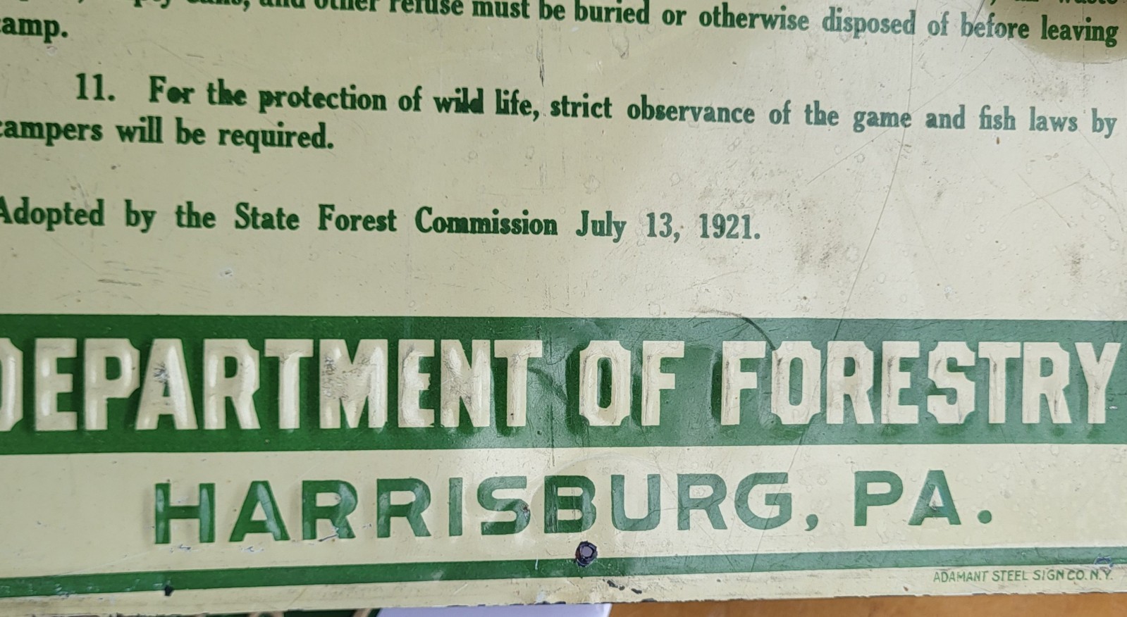 Pa Dept of Forestry 1921 State Forest Rules, Harrisburg, Pa, Metal Sign