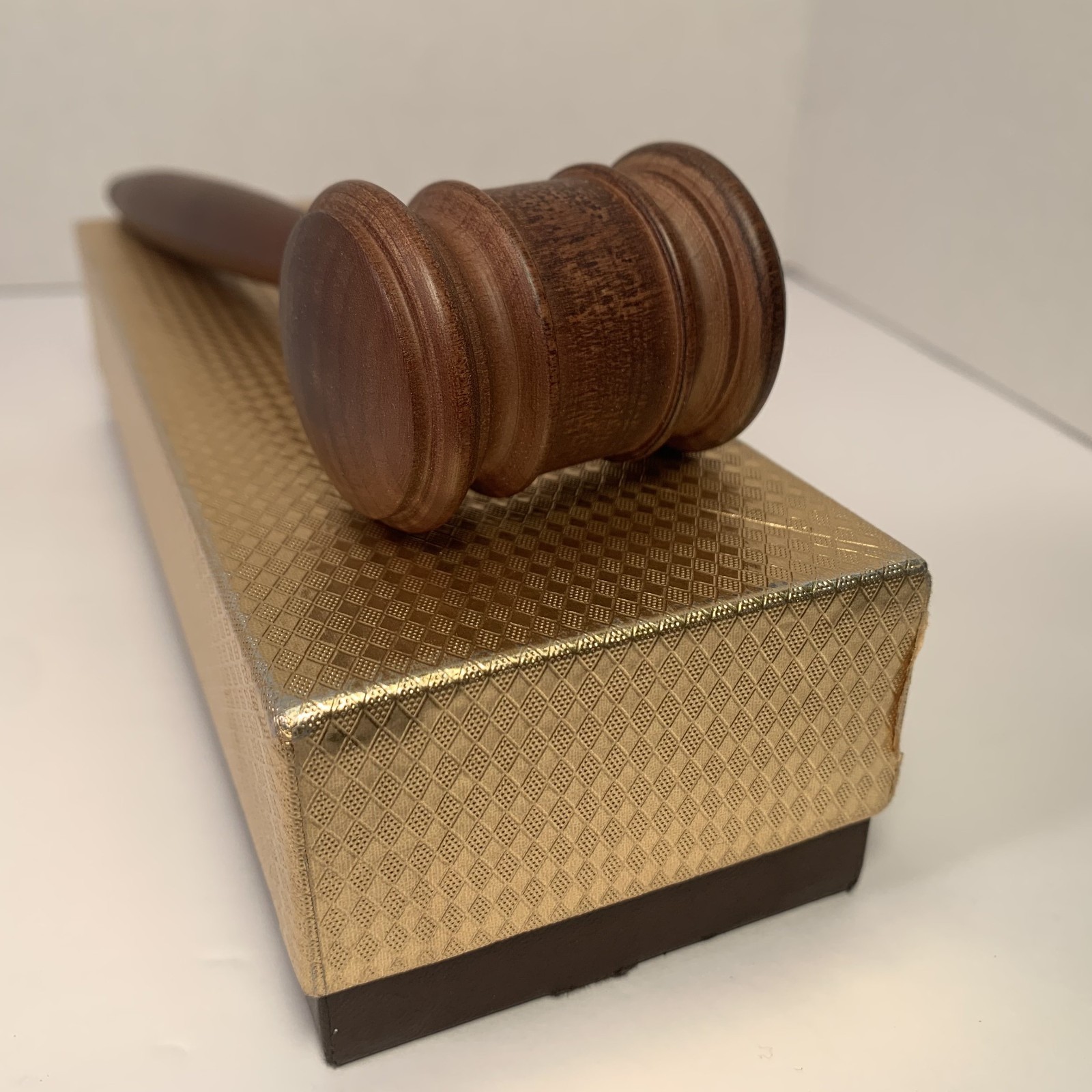 Vintage Solid Wooden Gavel Long Hand Turned Medium Brown Wood w brass ribbon