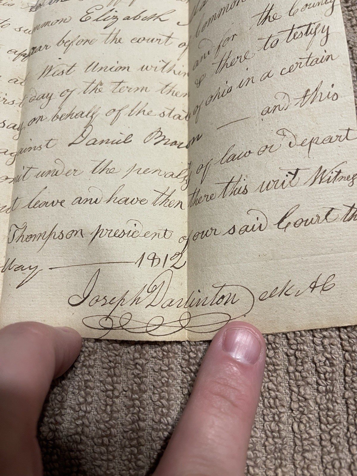 1812 Adams County Ohio Sheriff Court Summons Joseph Darlinton Signature Document