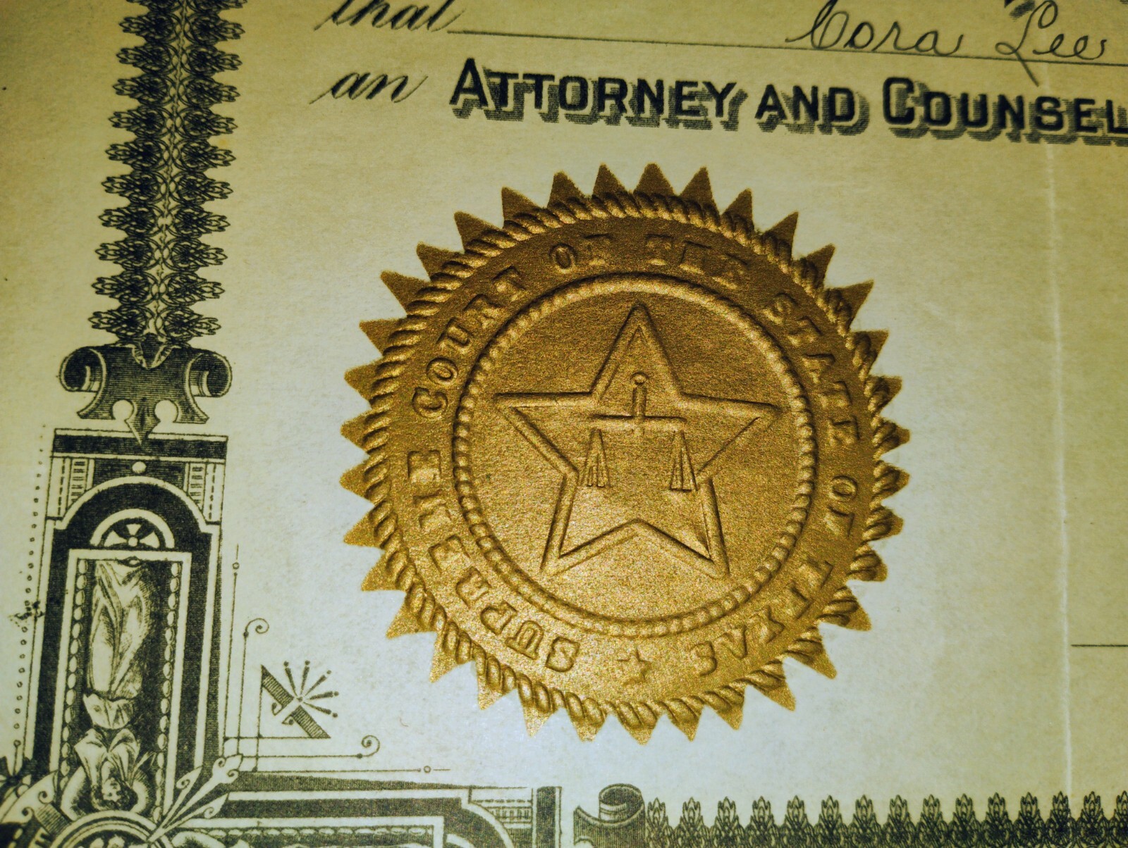 Original 1936 Supreme Court Of Texas State Bar Certificate w SEAL w Signatures