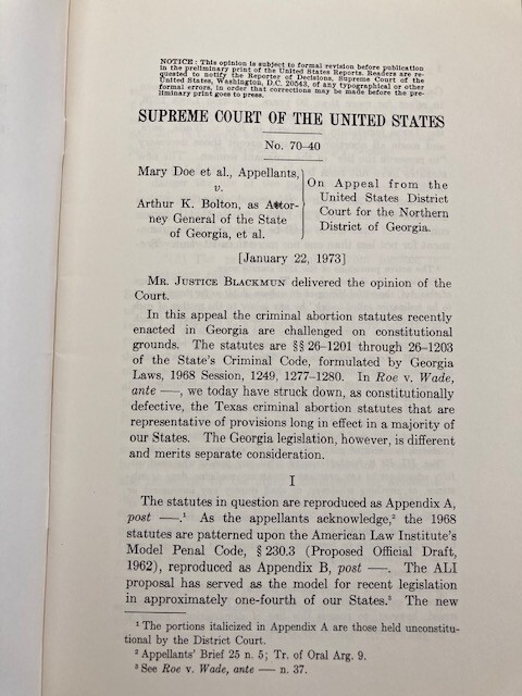 Original 1973 Landmark RARE Slip Opinion ROE v. WADE – Abortion US Supreme Court