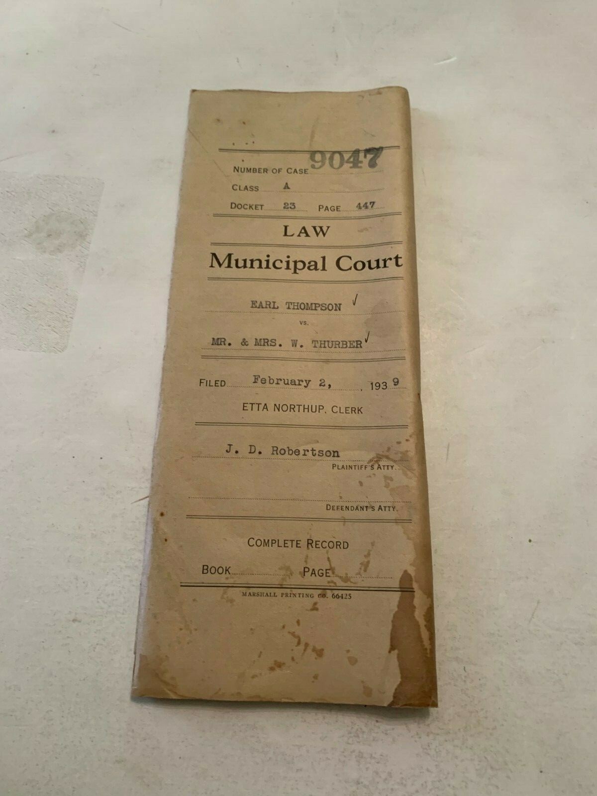 February 2 1939 Municipal Court Record Marshalltown Iowa