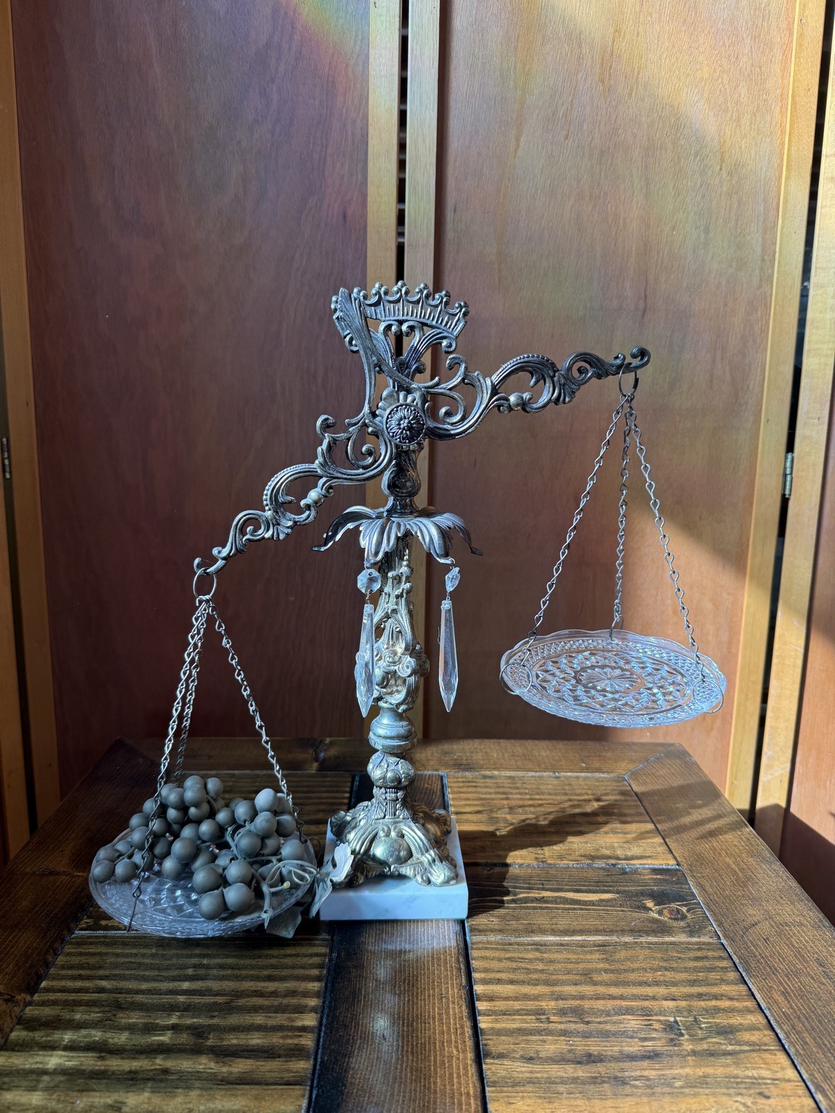 Vintage Ornate Brass Balance Scale w/ Marble Base & Crystal Accents Decor