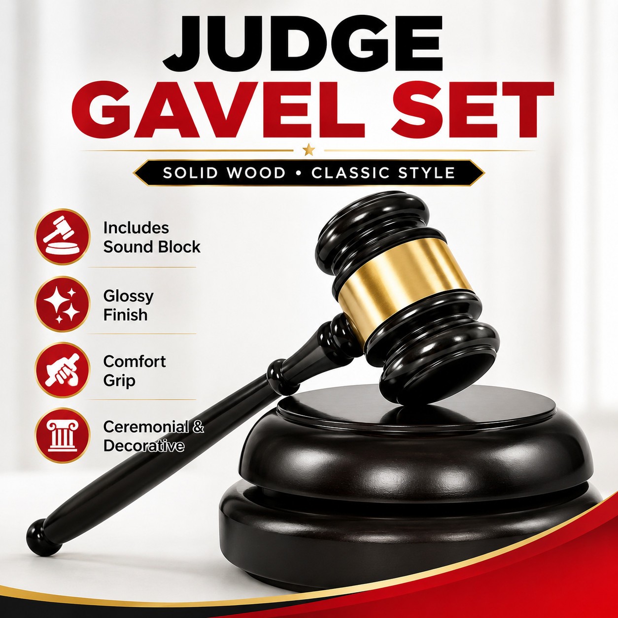 Solid Wood Courtroom Gavel and Block Set for Judge Auction Meeting Ceremony