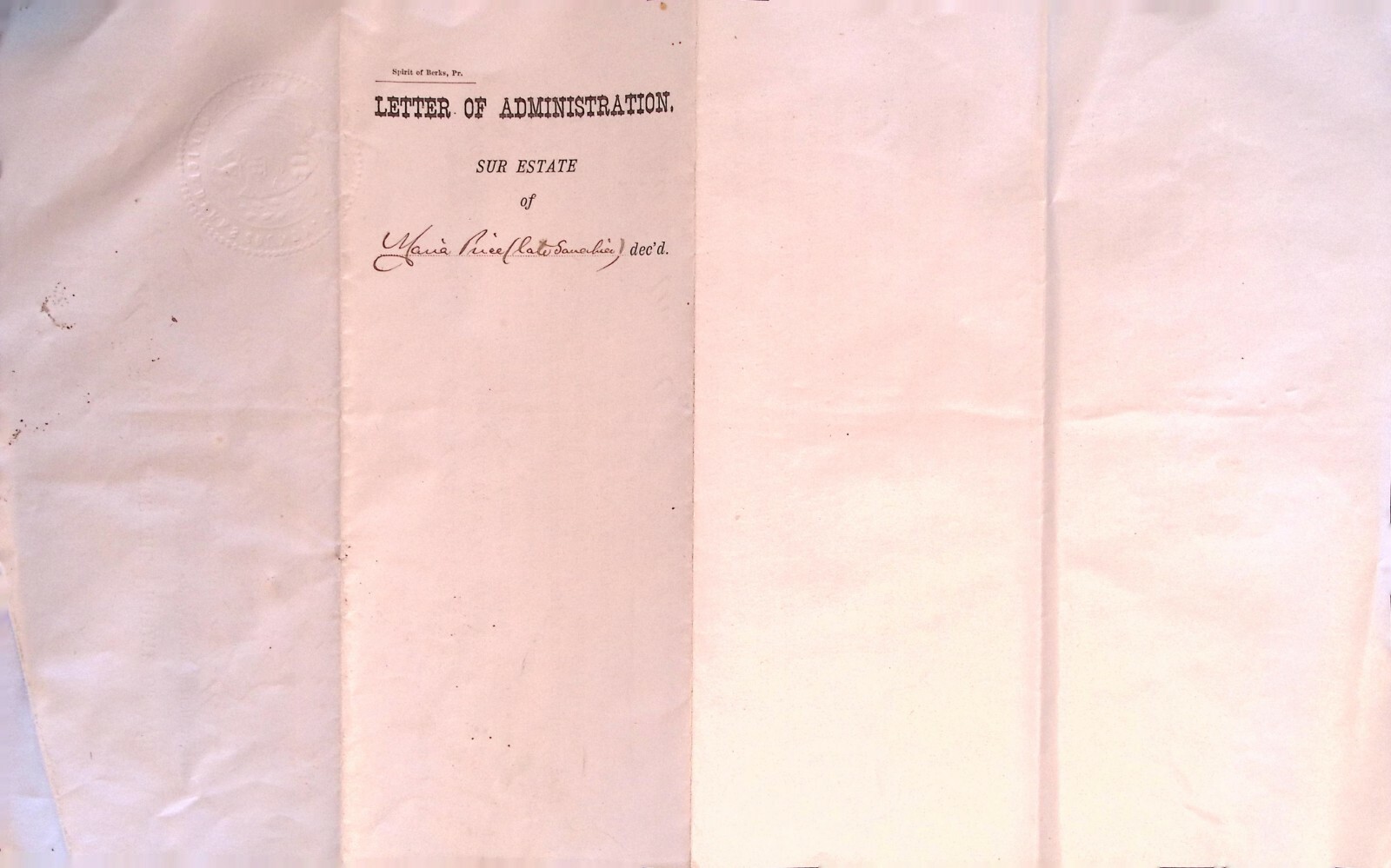 1883 Berks PA Letter of Administration Maria Price Estate William Arnold Legal