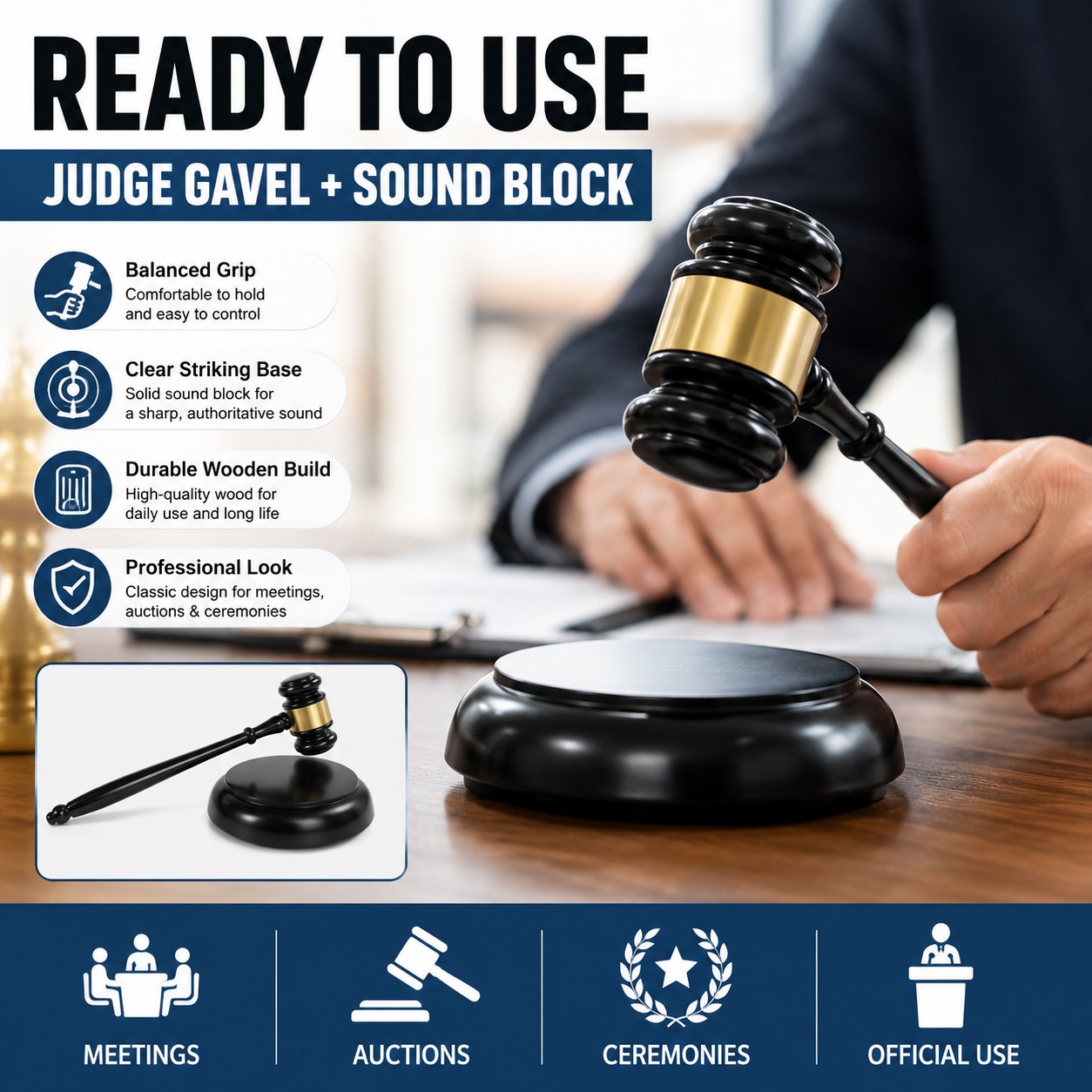 Wood Judge Gavel Mallet with Sound Block Base for Auction Courtroom Meetings