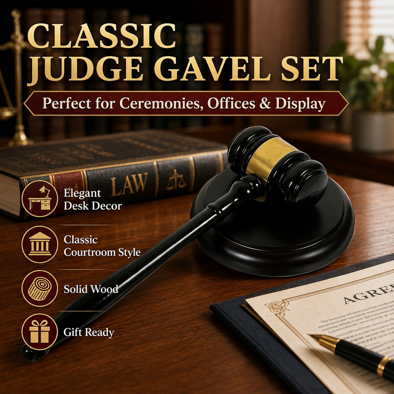 Solid Wood Courtroom Gavel and Block Set for Judge Auction Meeting Ceremony