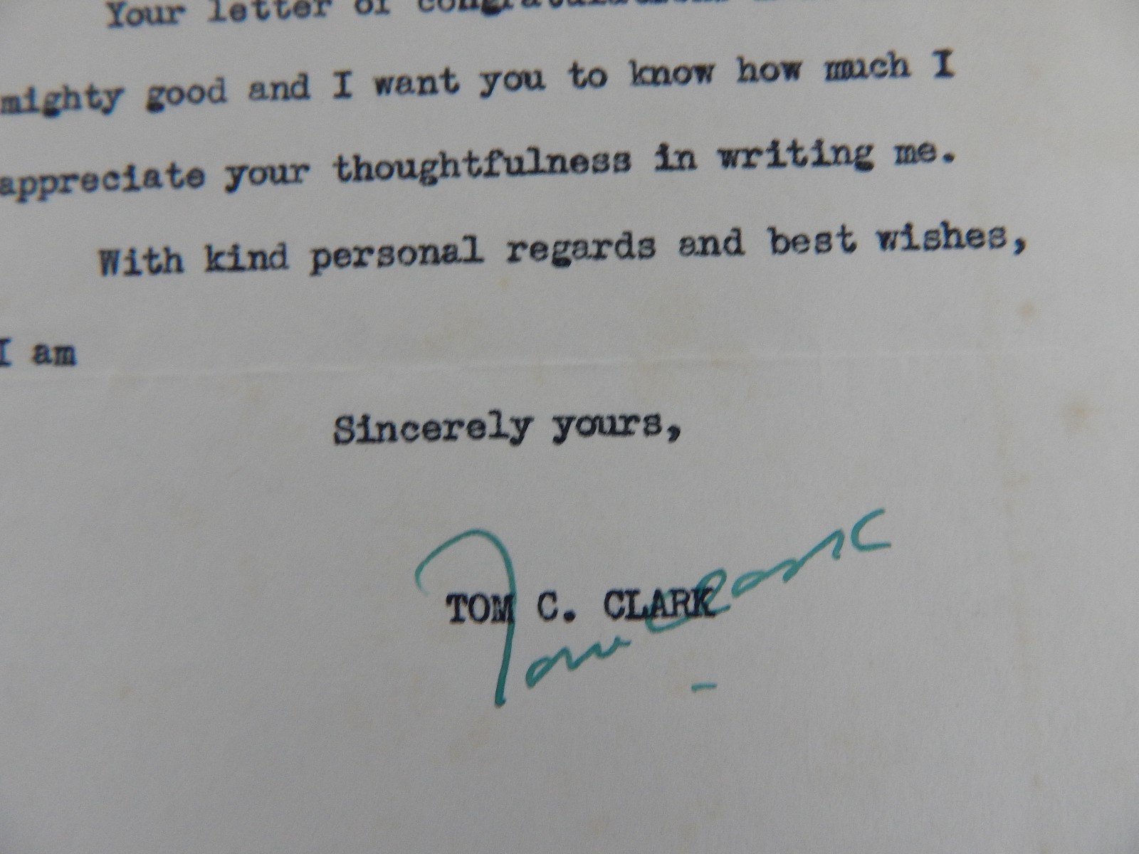 “Supreme Court Justice” Tom C Clark Signed TLS Dated 1945 COA