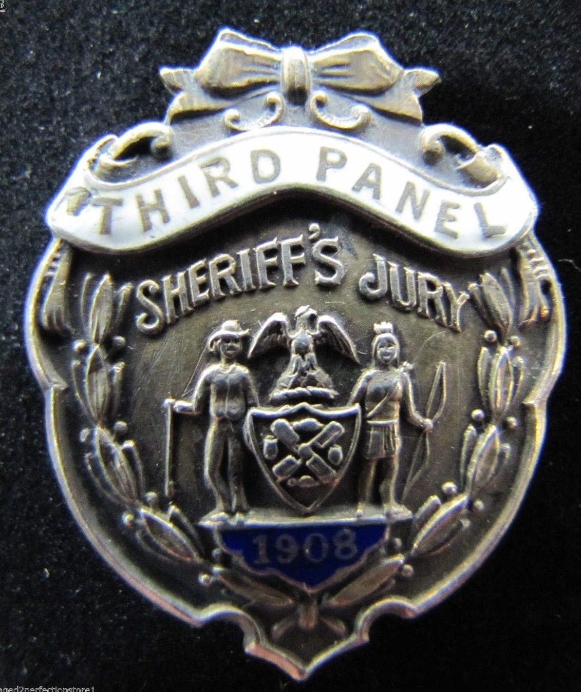 1908 SHERRIF’S JURY Sterling Silver White Blue Enamel Pinback Medallion Pin