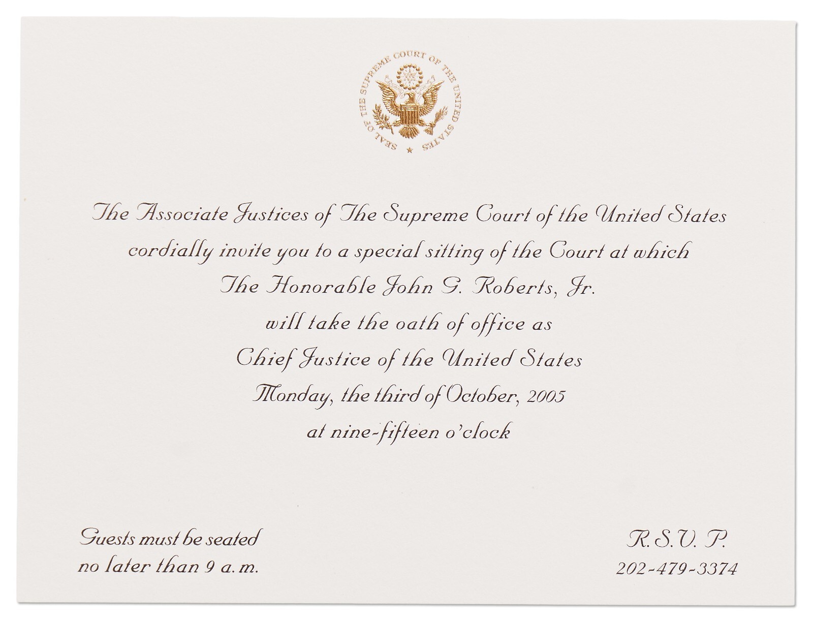 Supreme Court Chief Justice John Roberts Investiture Ceremony & Recp Invitations