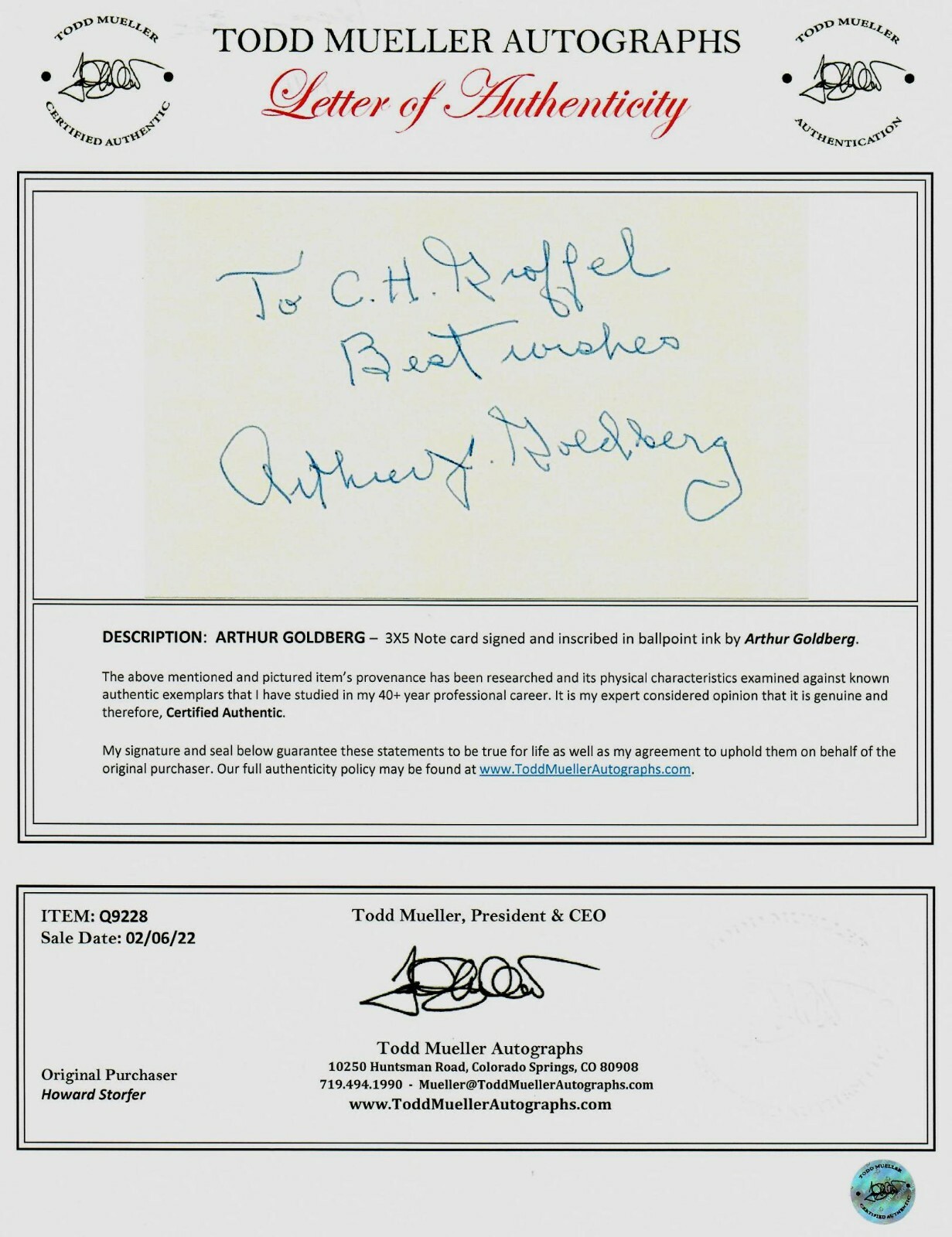 «Supreme Court Justice» Arthur Goldberg Signed 3X5 Card COA