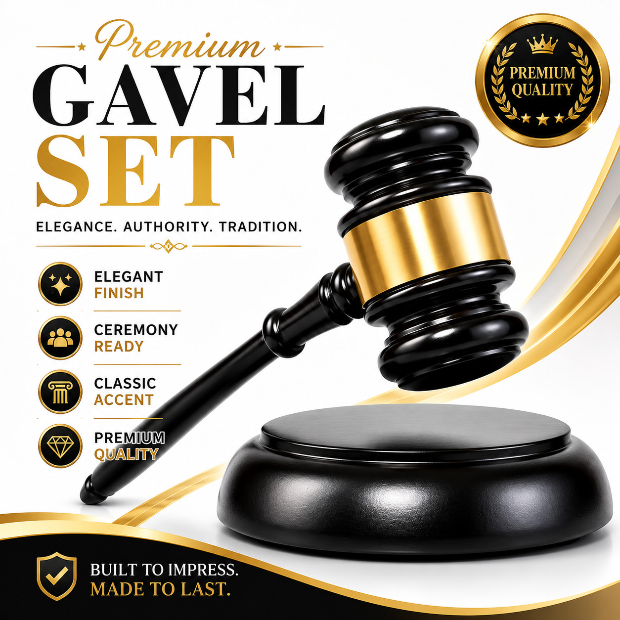 Wooden Auction Gavel Set with Sound Block Base Black Gold Ceremony Office Decor