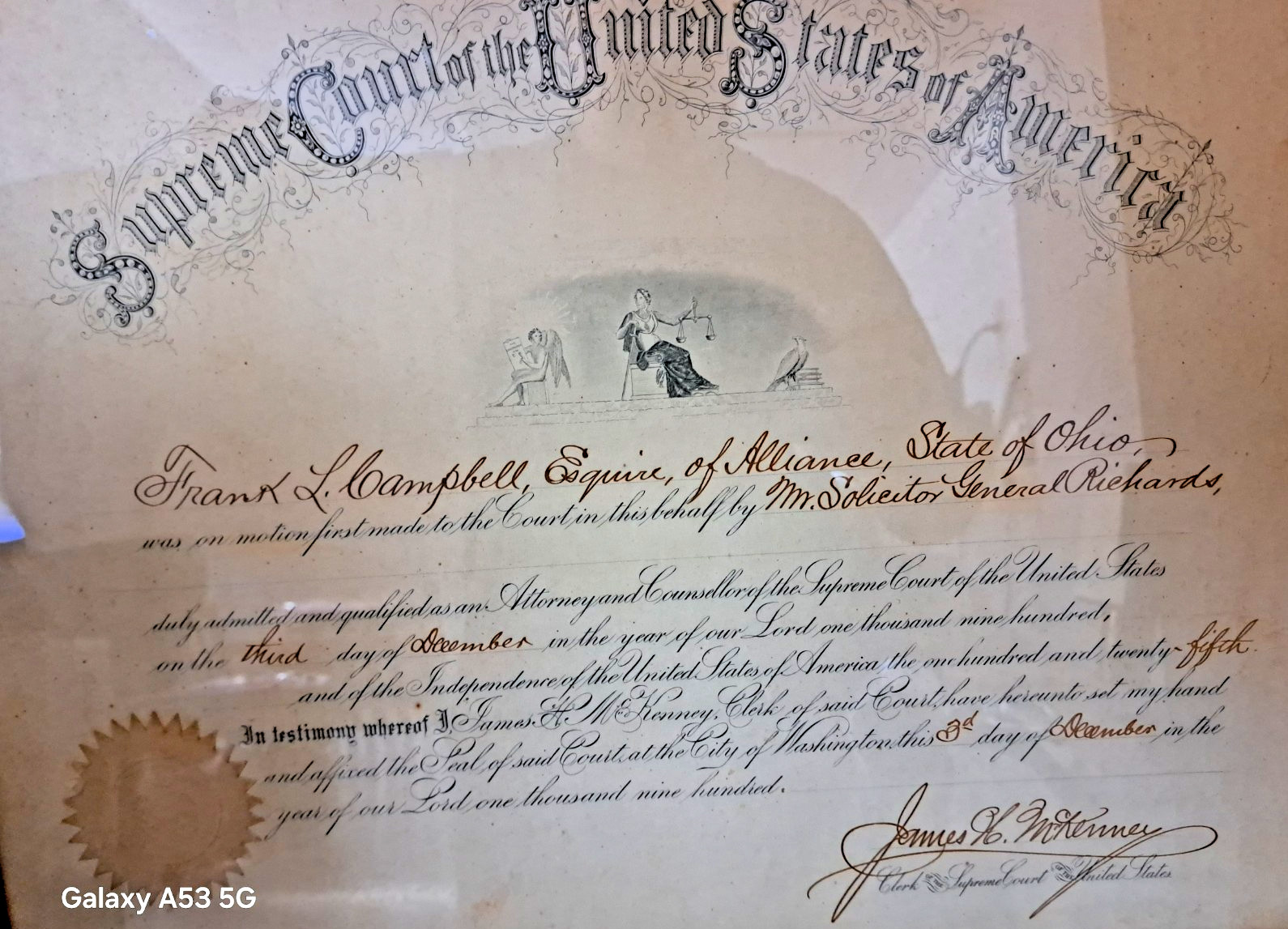 Frank L Campbell Antique 1900 Supreme Court ofthe United States Certificate Ohio