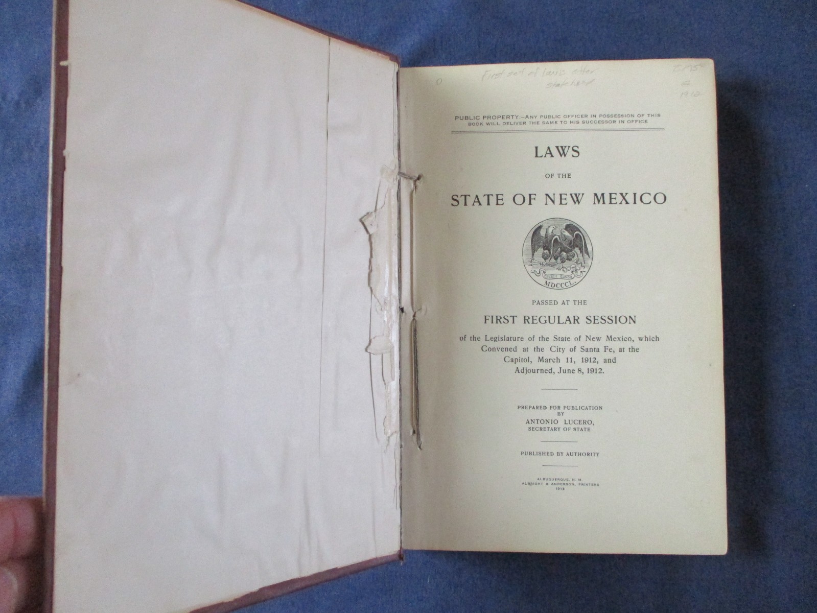 1912 State Laws of New Mexico Hardcover Book First Regular Session