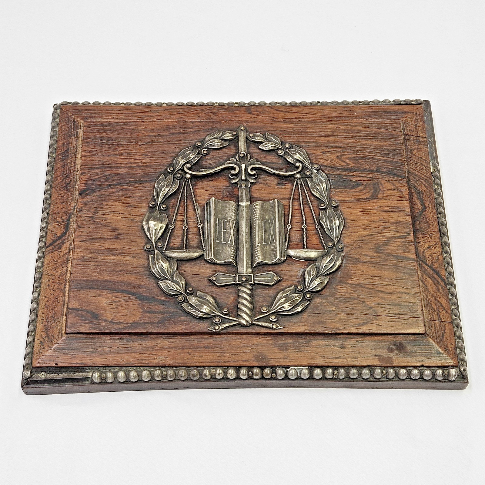 Reclaimed Antique LEX Judge Legal Law Justice Scales Box Lid Wood Silverplate