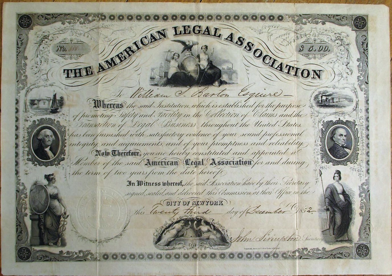 American Legal Association SUPER 1852 Certificate w/8 Vignettes – Law/Lawyer