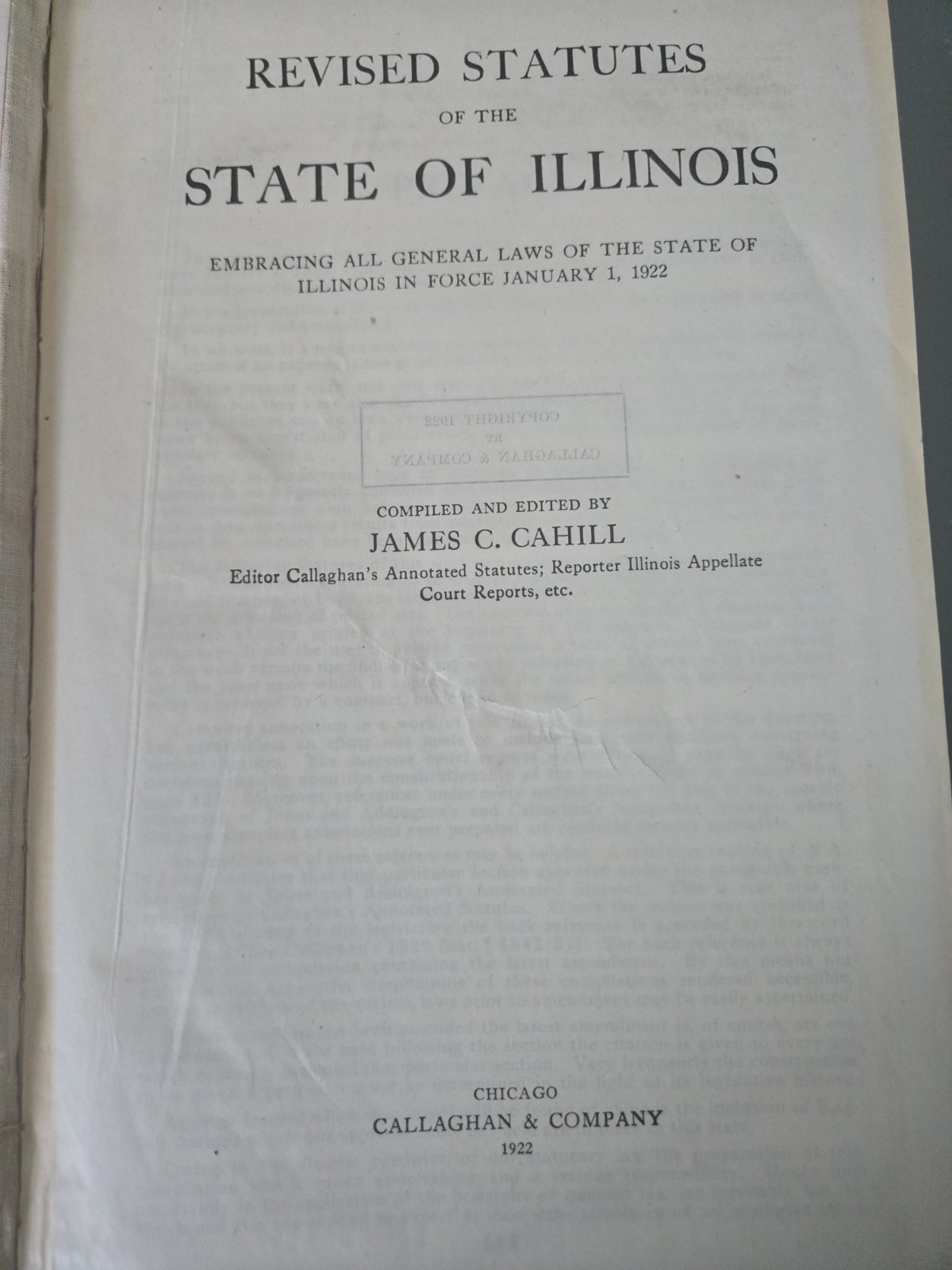 ILLINOIS REVISED STATUTES 1921 James Cahill «Keyed To Annotated Statutes» Law