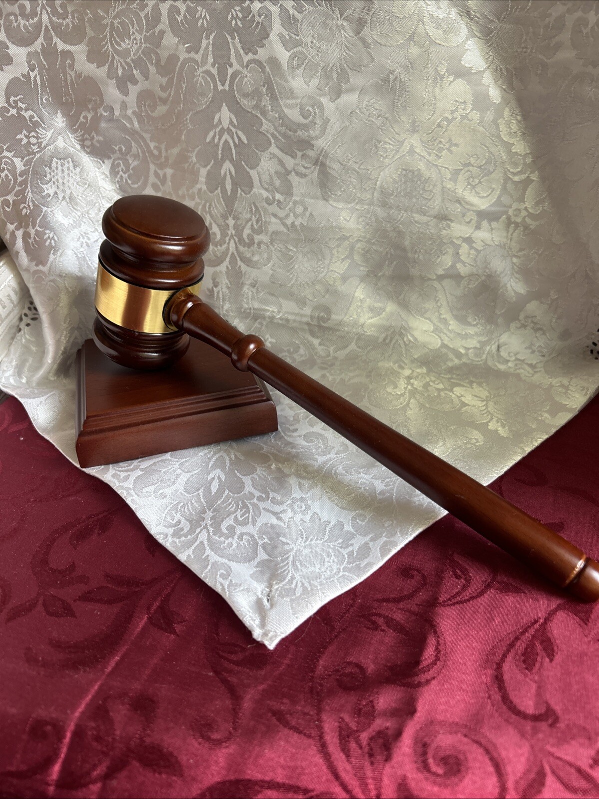 Gold Tone Banded Wood Gavel and Square Sound Block Set – Dark Wooden Gavel