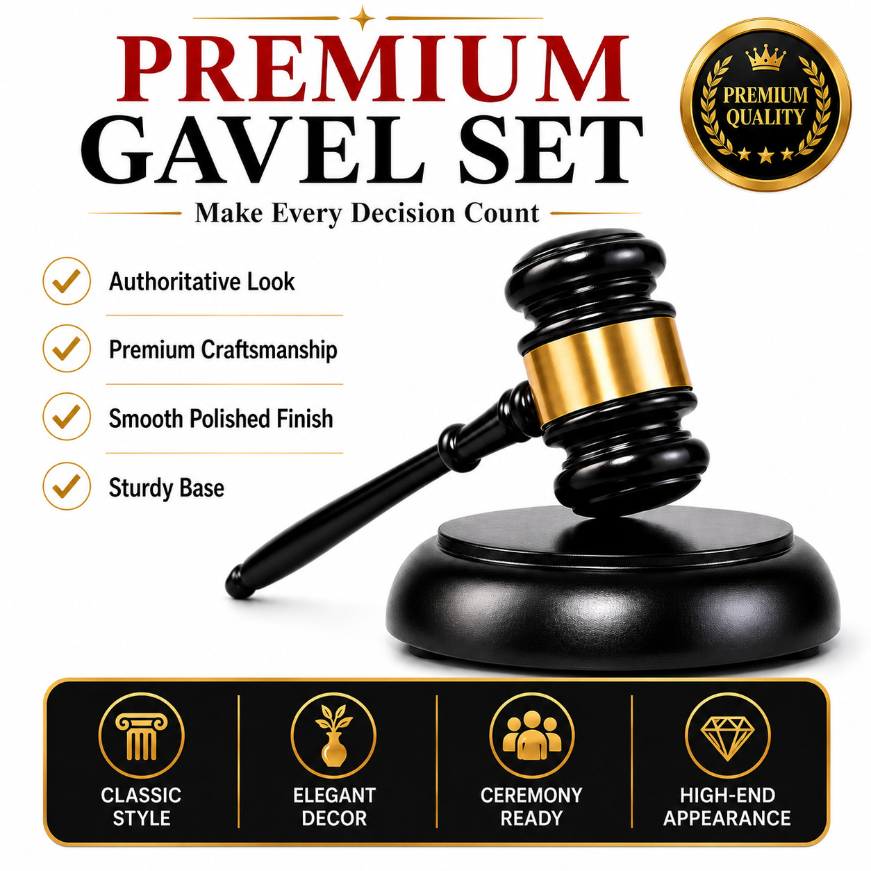 Premium Judge Gavel Hammer with Sound Block Base Black Gold Desk Decor Set