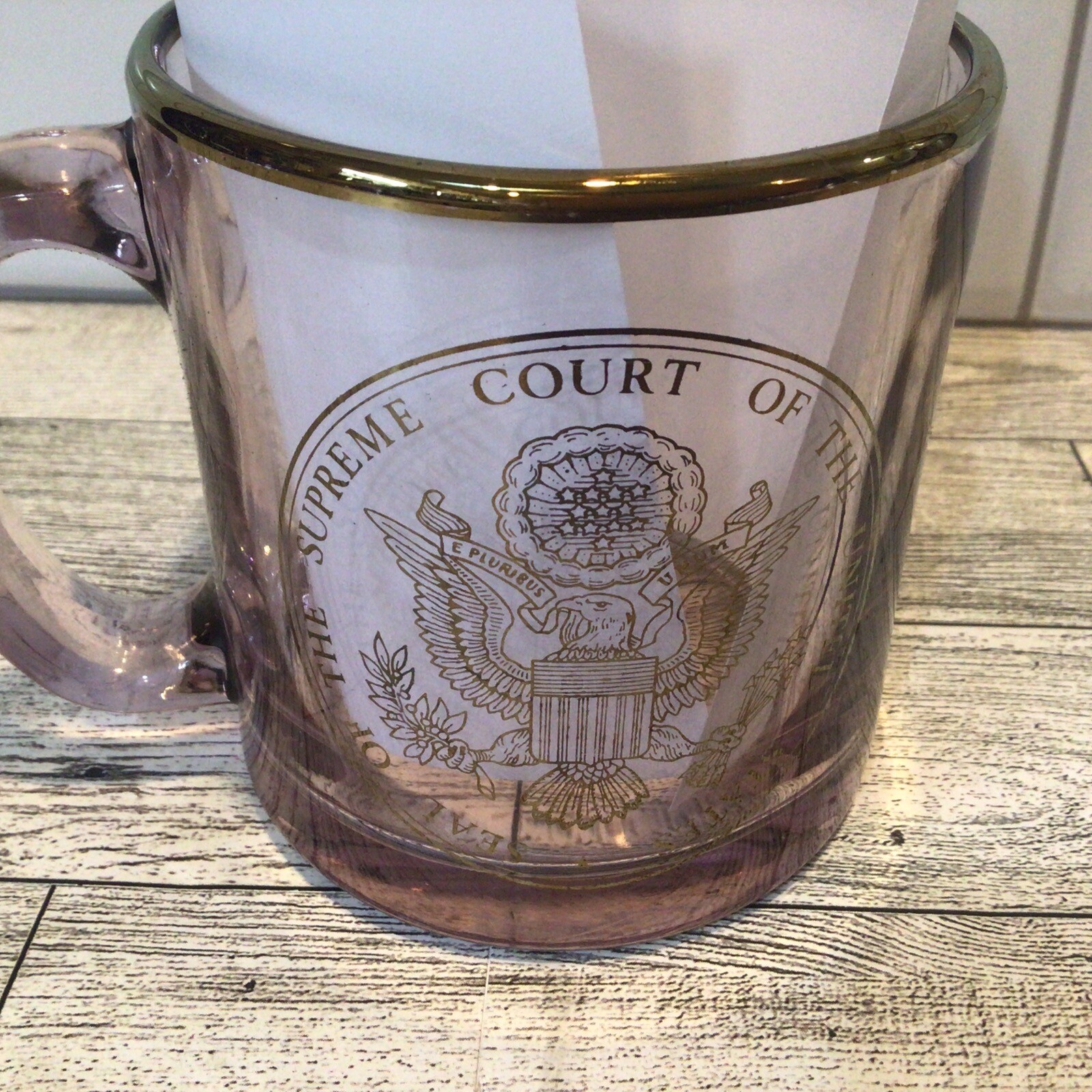 Supreme Court Of The United States Clear Pink GLASS Coffee Mug Gold Trim USA