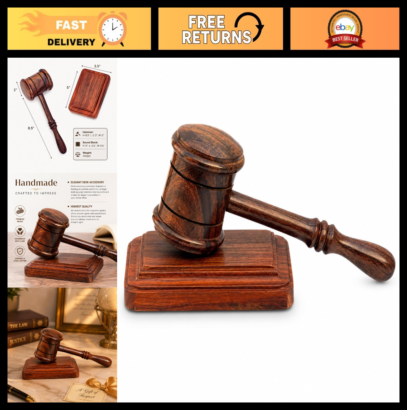 Handcrafted Wooden Gavel & Sound Block Set – Premium Quality for Judges, Lawyers