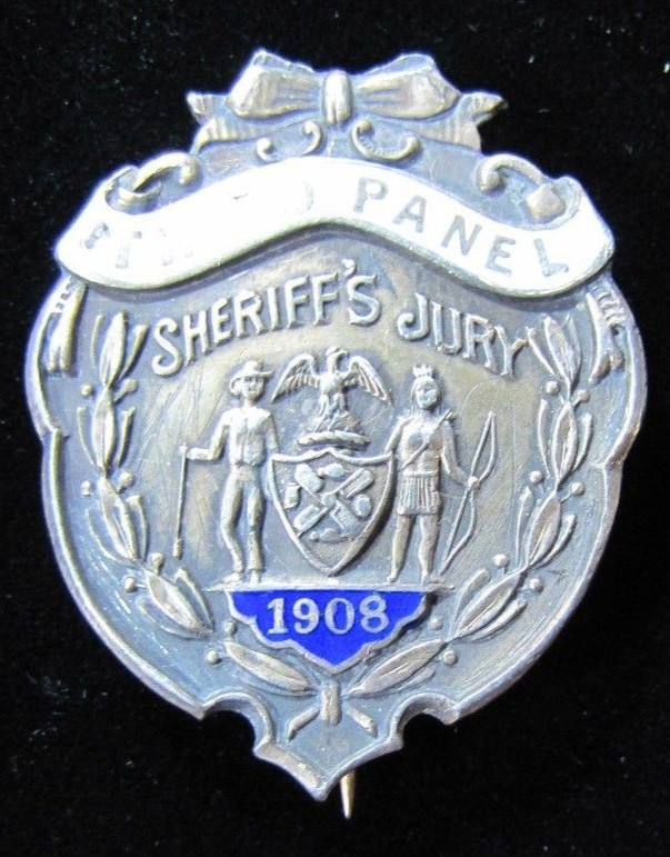 1908 SHERRIF’S JURY Sterling Silver White Blue Enamel Pinback Medallion Pin