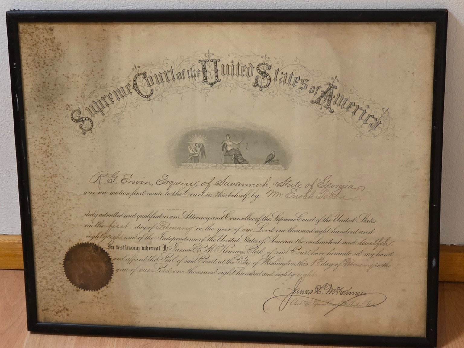 1888 U.S. Supreme Court Bar Admission Certificate – R.G. Erwin – Savannah, GA