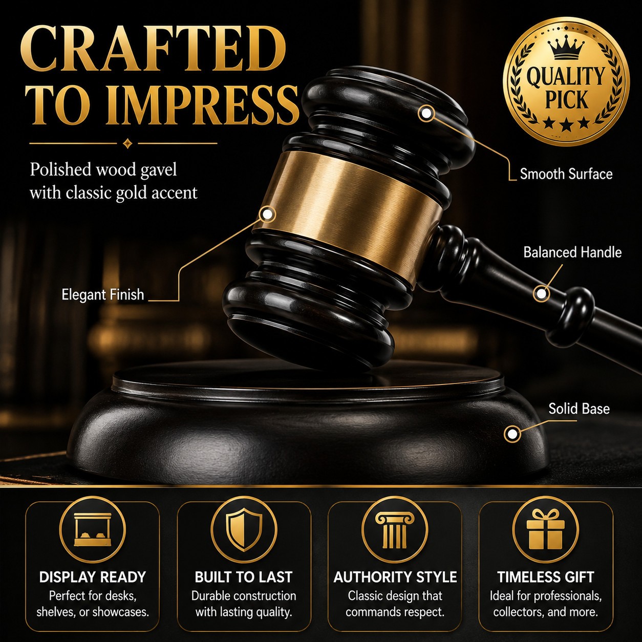Premium Wooden Gavel Set with Matching Base, Black Gold Courtroom Decor Gift