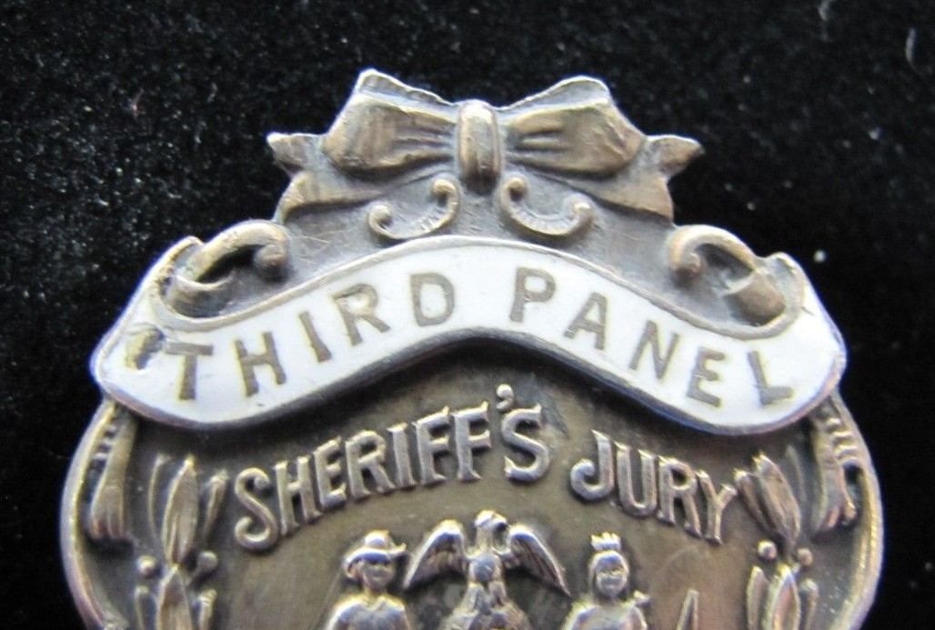 1908 SHERRIF’S JURY Sterling Silver White Blue Enamel Pinback Medallion Pin