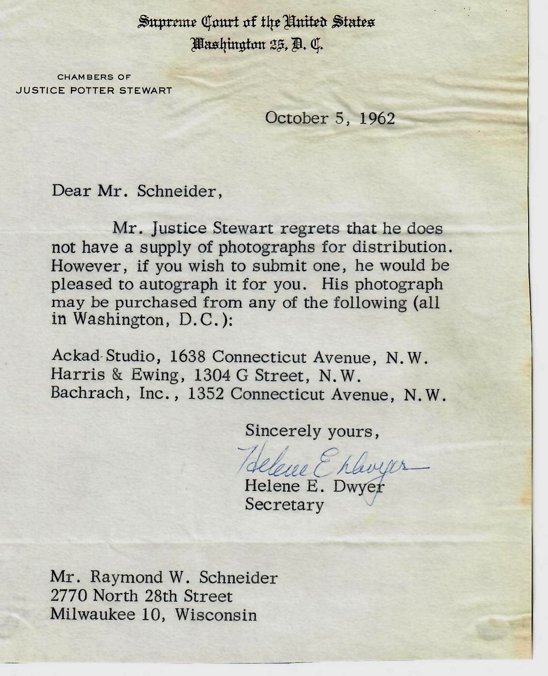 «Supreme Court Justice» Potter Stewart Hand Signed Magazine Biography