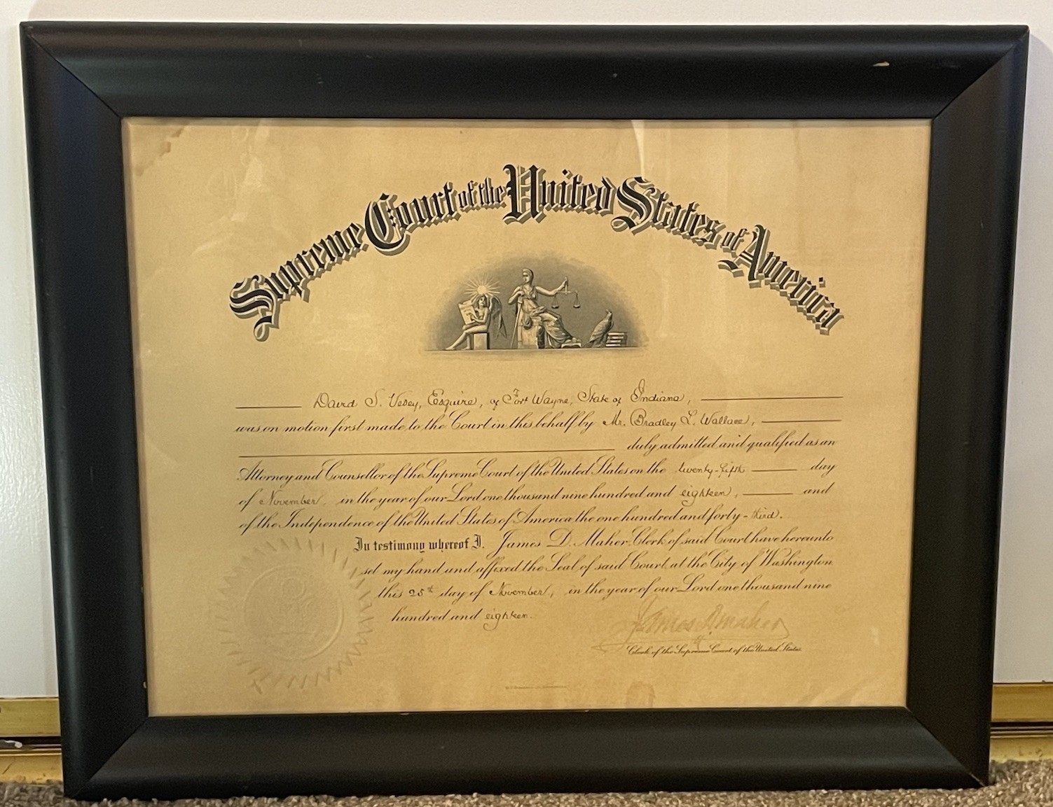 Law History 1918 Supreme Court of the United States Certificate Framed