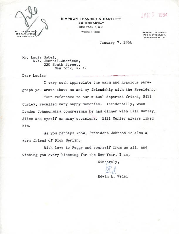 EDWIN L. WEISL – TYPED LETTER SIGNED 01/07/1964 CO-SIGNED BY: LOUIS SOBOL