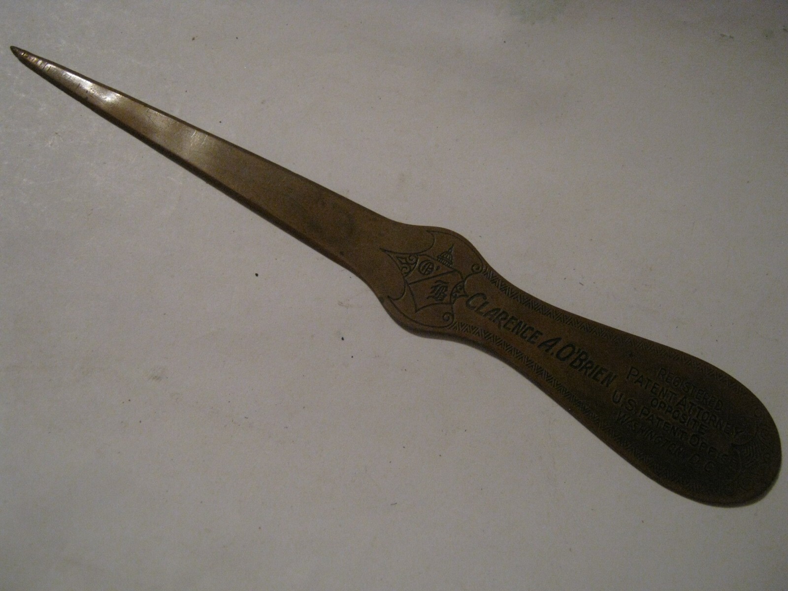 Bronze Letter Opener Clarence O’Brien, Patent Attorney Author, Active 1924-1943