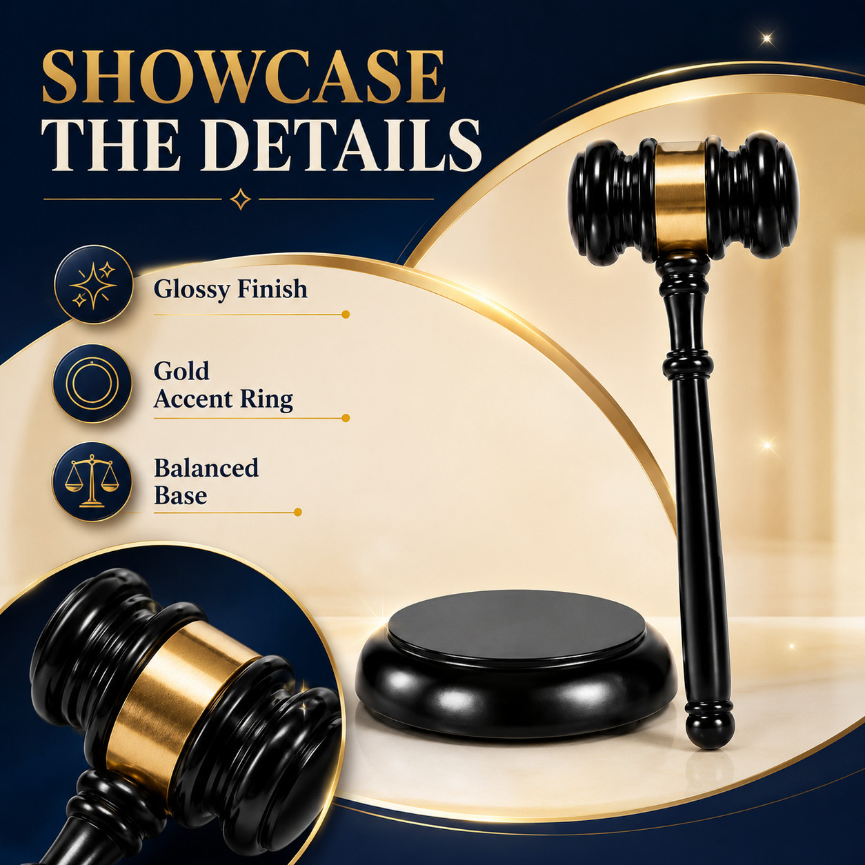 Sophisticated Wooden Gavel Display Set with Decorative Gold Accent Ring Design