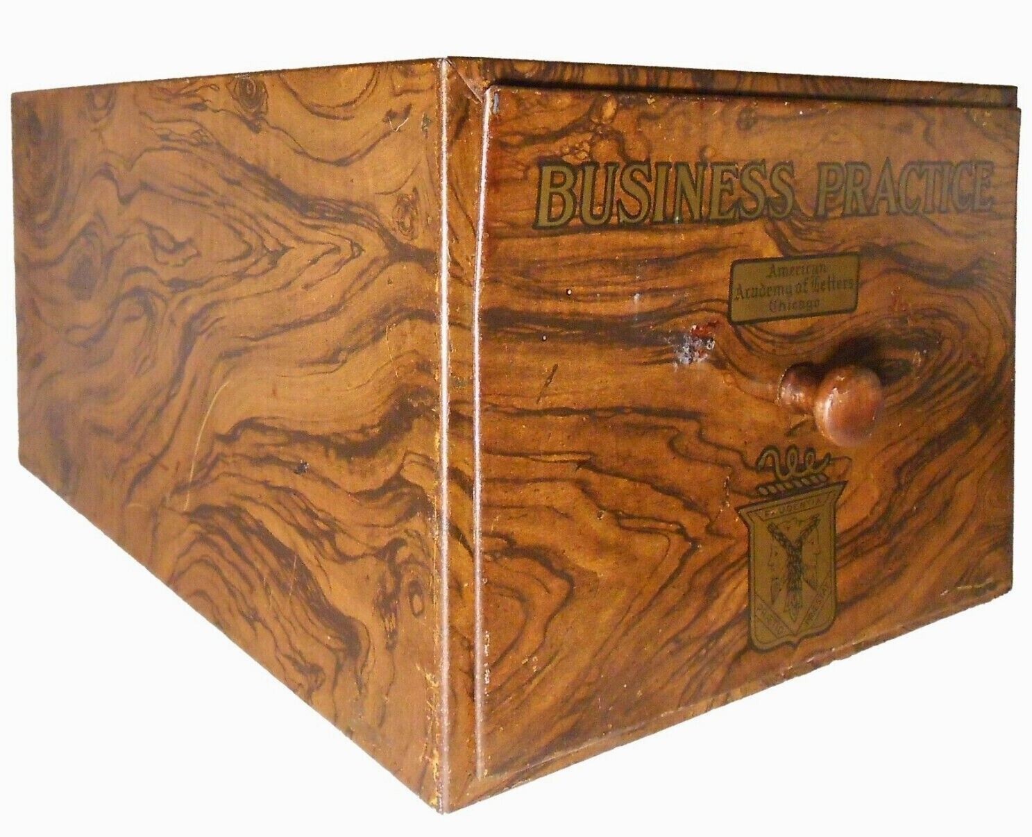 BUSINESS PRACTICE AMERICAN ACADEMY OF LETTERS CHICAGO TIN INDEX CARD BOX, W/LID