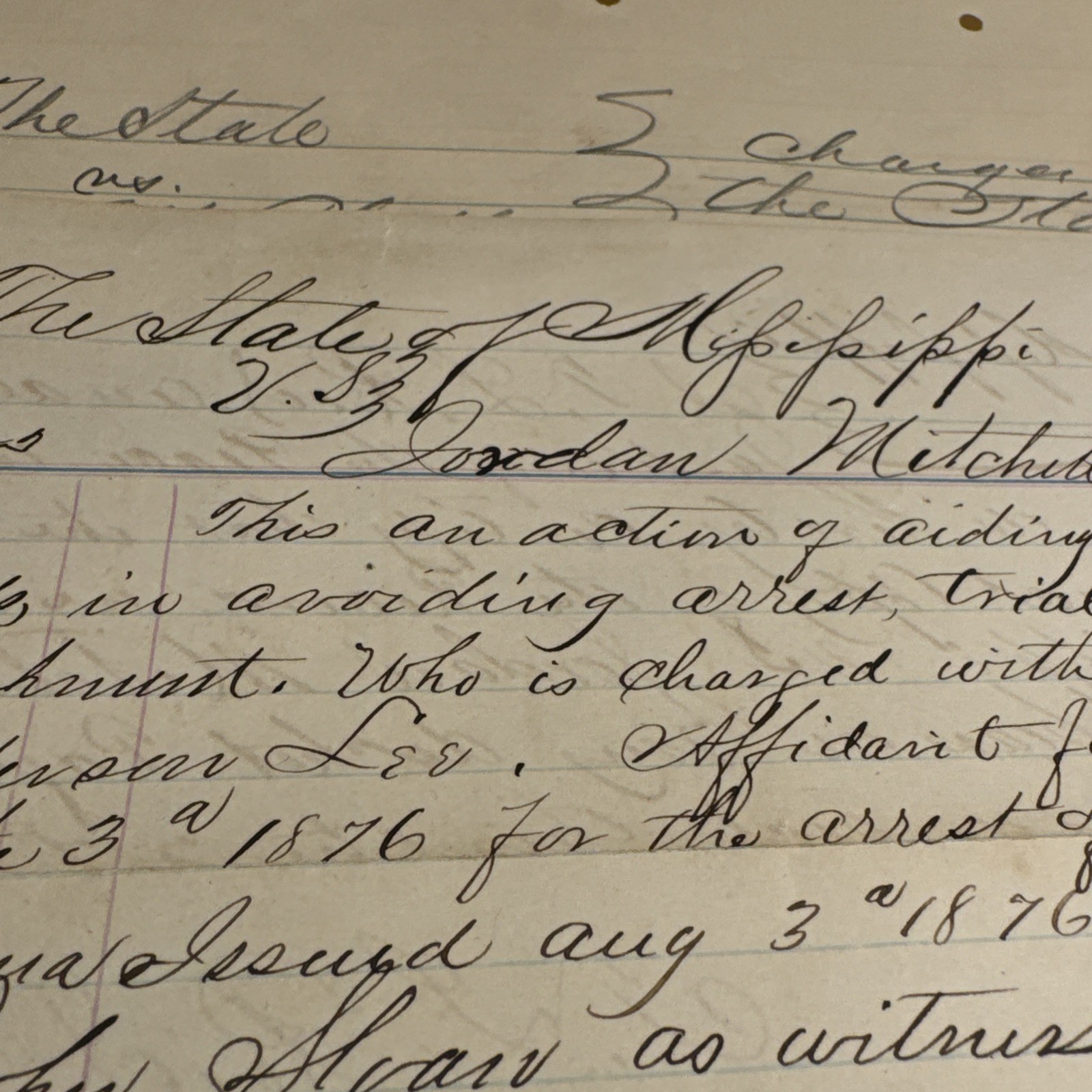 1876 Mississippi Original Case Document Aiding a Fugitive After Officer Shooting