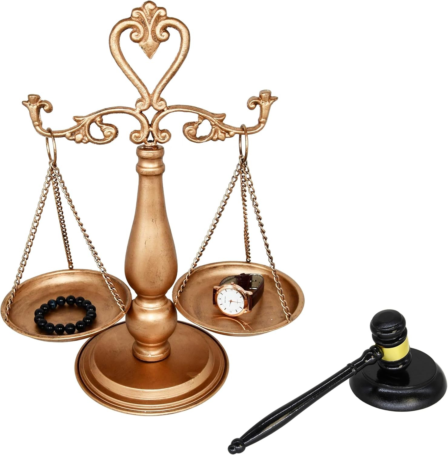Antique Metal Justice Represent Libra Jewelry Tower W/ Fixed Beam/w Wooden Gavel