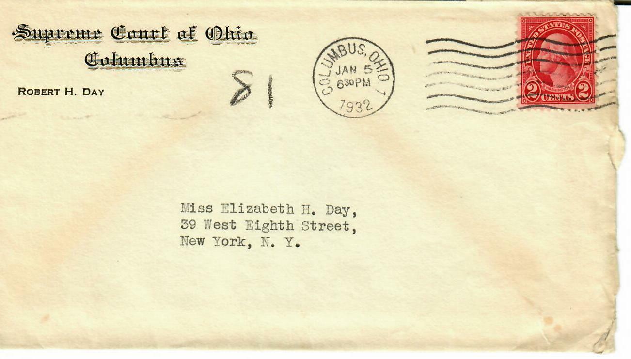 “Ohio Supreme Court» Justice Robert H. Day Hand Signed TLS Dated 1932