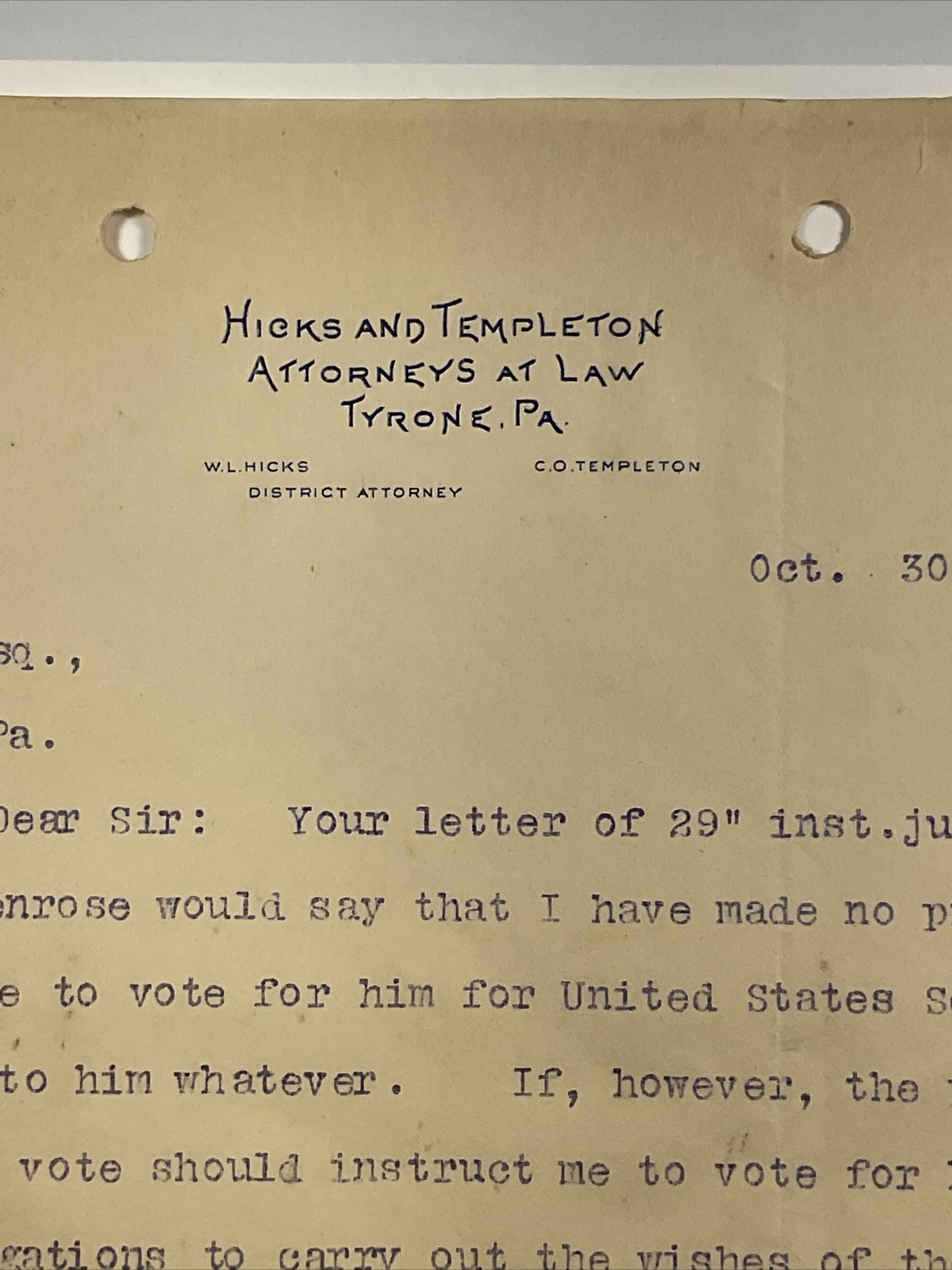 1906 Tyrone, Pennsylvania Hicks & Templeton Attorneys Letter Letterhead Signed
