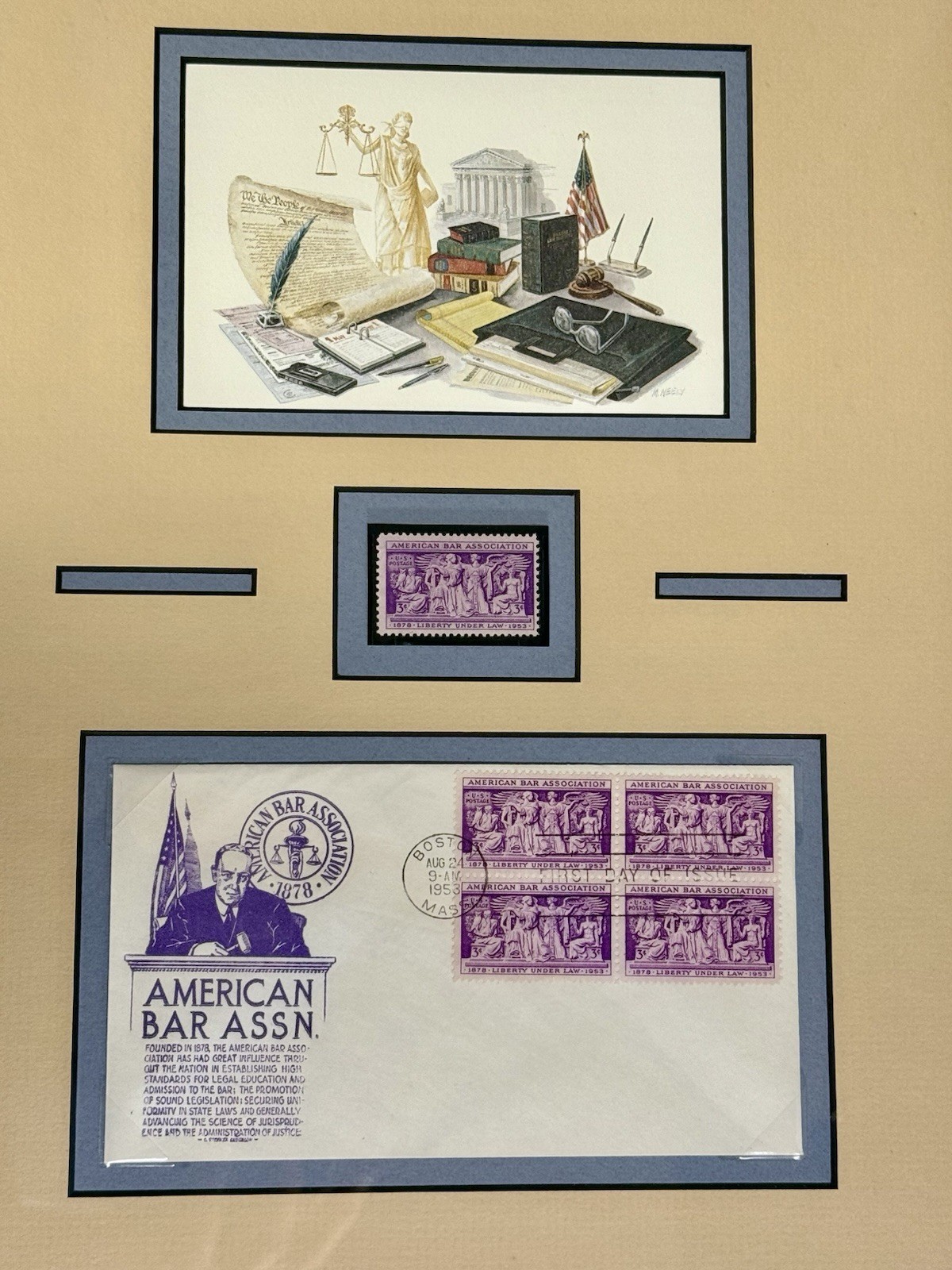 5-3 Cent 1953 Postage Stamps American Bar Association Framed & Matted Collage