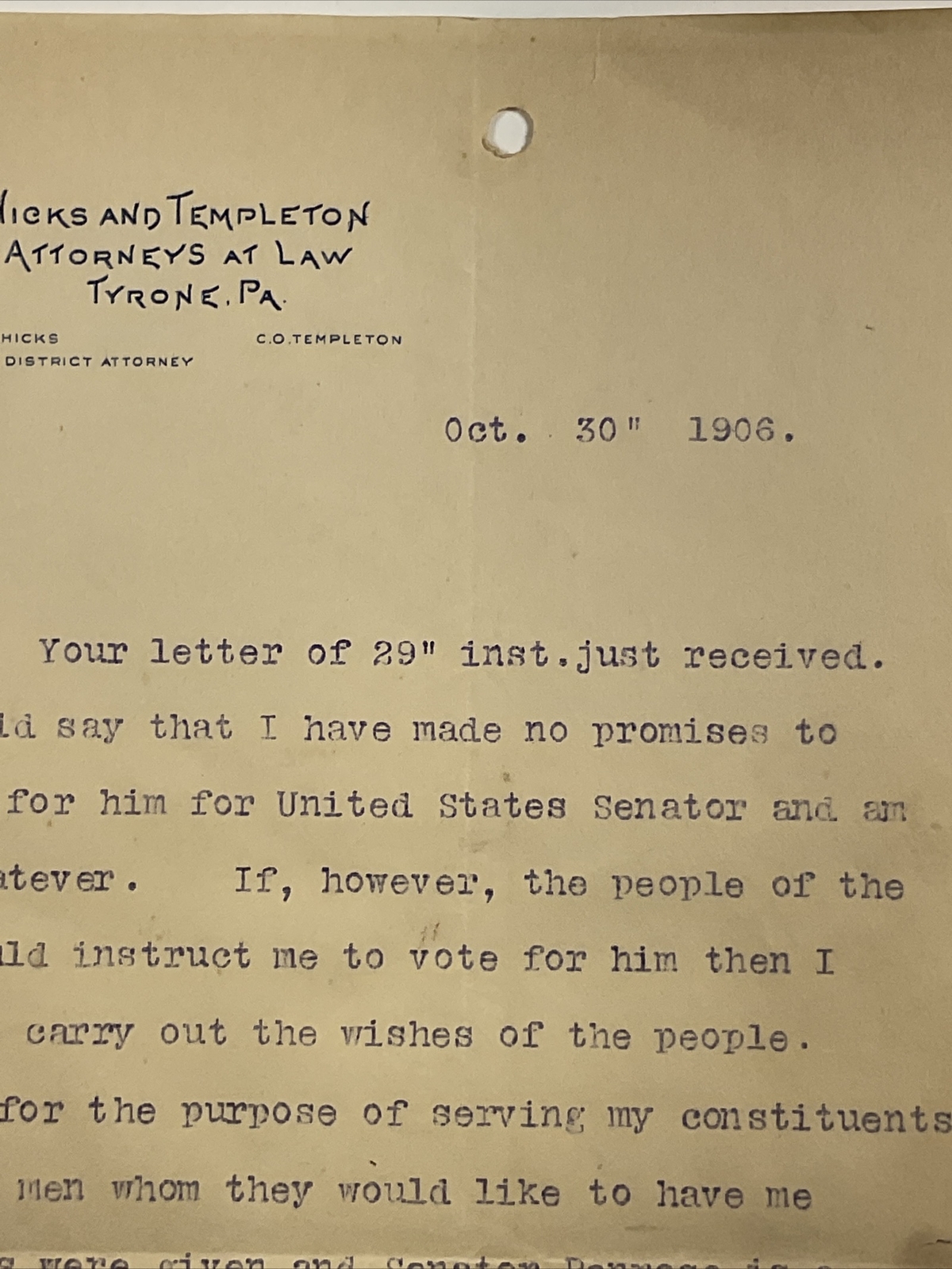 1906 Tyrone, Pennsylvania Hicks & Templeton Attorneys Letter Letterhead Signed