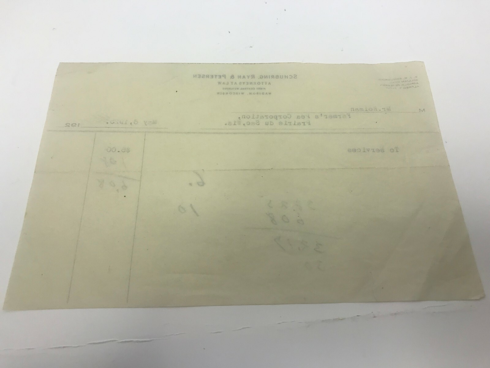 1925 Schubring Ryan and Petersen Attorneys at Law bill Farmers Pea Corporation