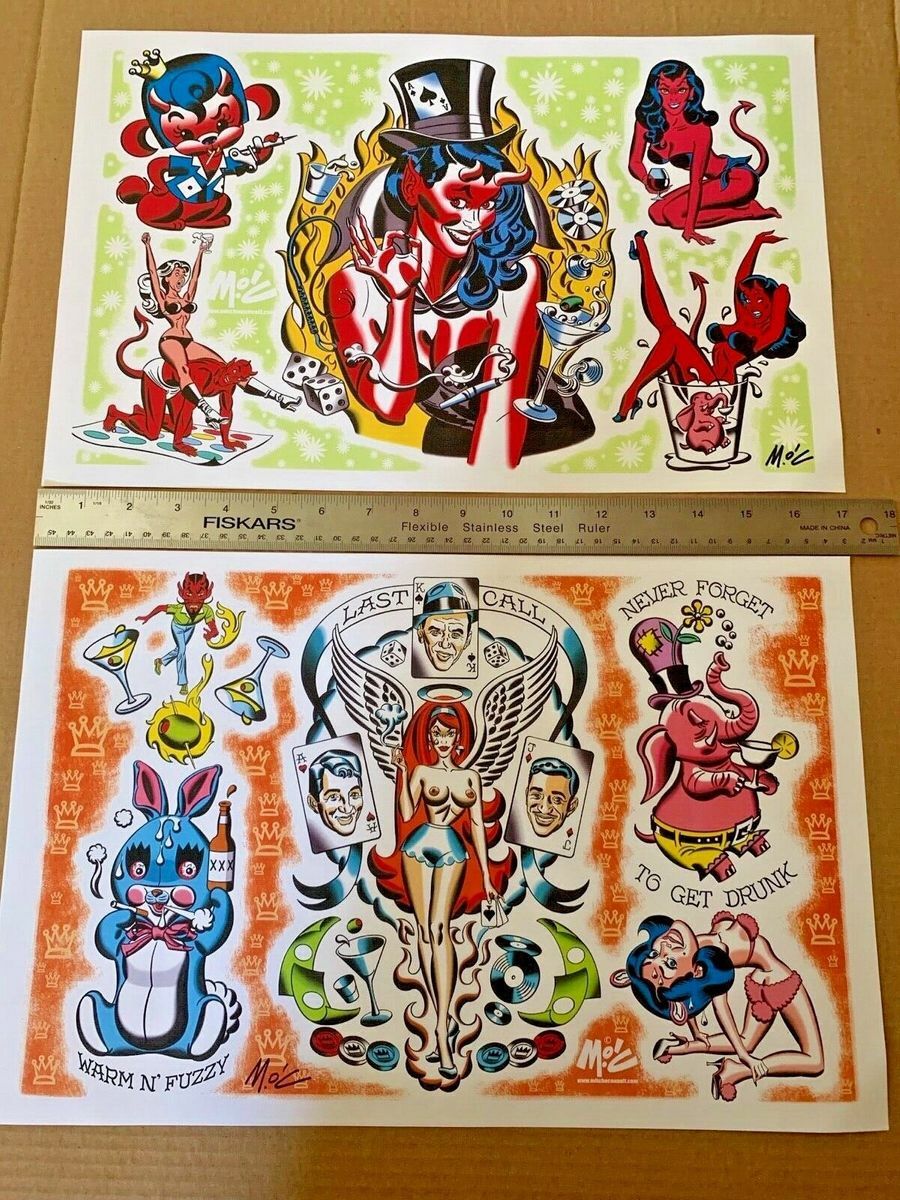 SIGNED TATTOO FLASH Mitch O’Connell 13 SIGNED prints plus promo material PIN-UP
