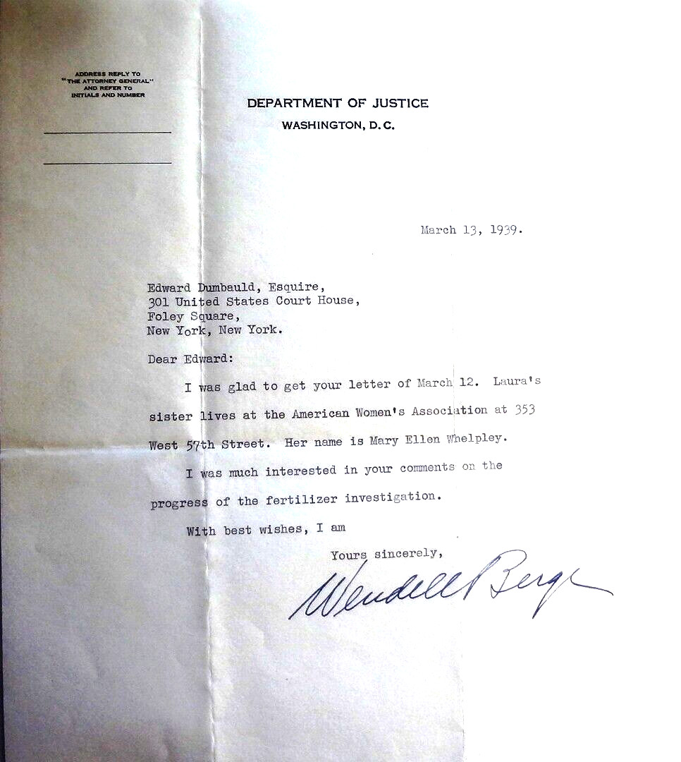 Historic Find~ 1939 DEPARTMENT of JUSTICE LETTER & ENVELOPE to EDWARD DUMBAULD