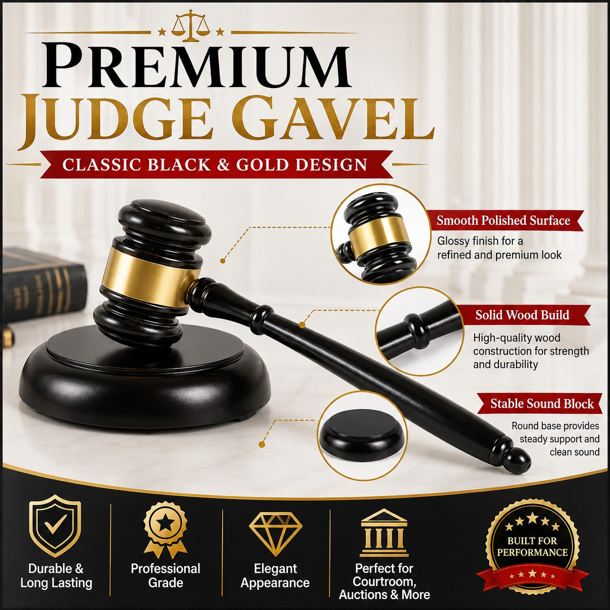 Solid Wood Courtroom Gavel and Block Set for Judge Auction Meeting Ceremony