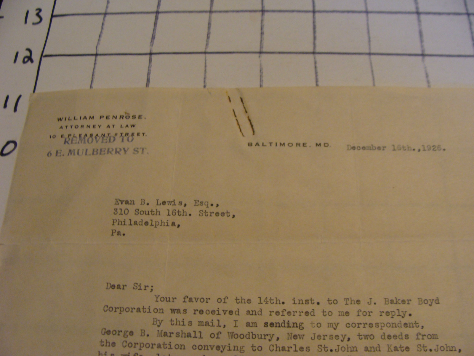 Original 1926 Letter: ATTORNEY WILLIAM PENROSE, Baltimore, MD to Evan Lewis