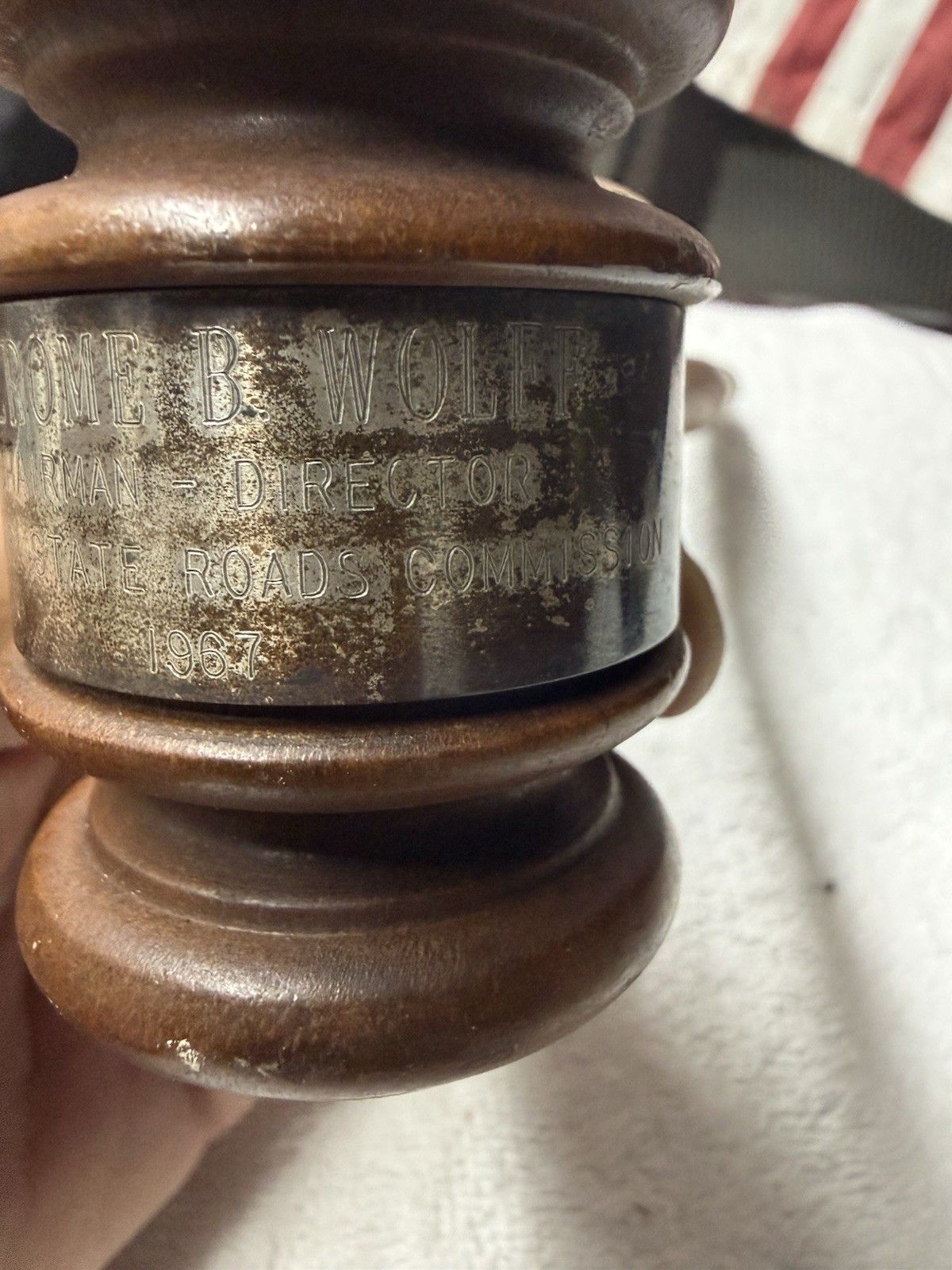 Wooden Gavel w/ Engraved Band «Jerome» Chairman & «B. Wolf» Director 1957