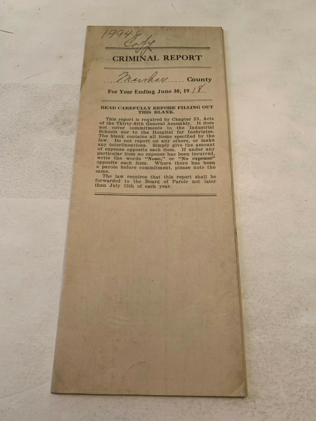 Criminal Report Marshall County Iowa For Year Ending June 30 1918