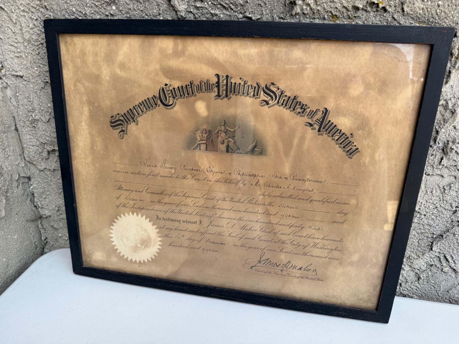 Antique 1918 Supreme Court of the United States of America Certificate Framed